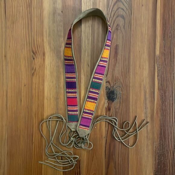 Guatemalan Multicolor Striped Waist Belt Womens Size XL Suede Leather Cotton - Picture 5 of 10
